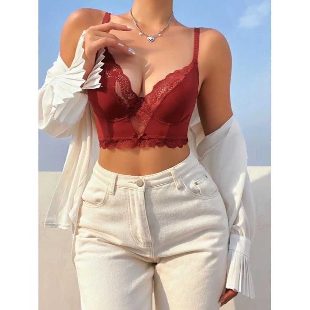 NEW Shein Women's Large Contrast Lace Underwire Lingerie Set - Burgundy - Picture 1 of 2